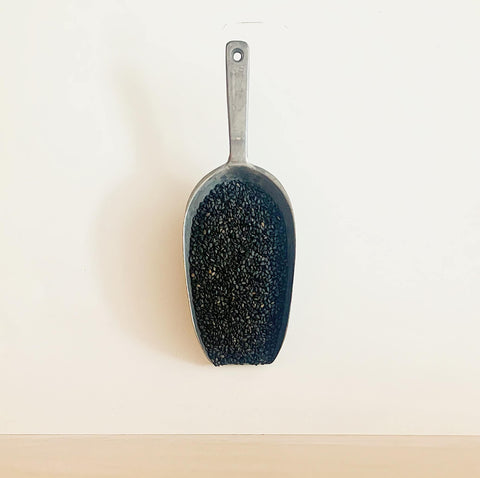 Close up of black sesame seeds on a metal scoop